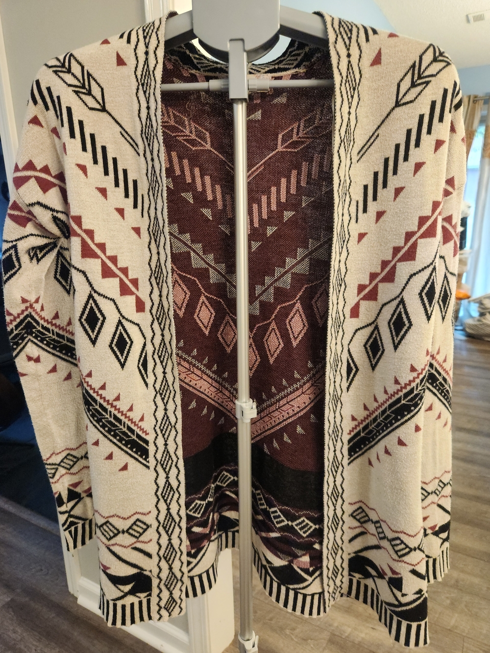 Pink Republic Open-Front Aztec Cardigan Sweater in Cream, Burgundy and Black
